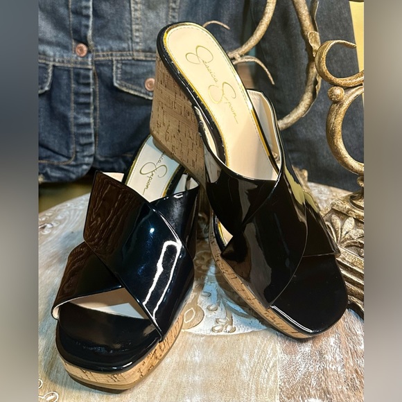 EUC Jessica Simpson “Seena” Black Patent Leather Wedge Cork Heel. Size 9.5 - Picture 2 of 10